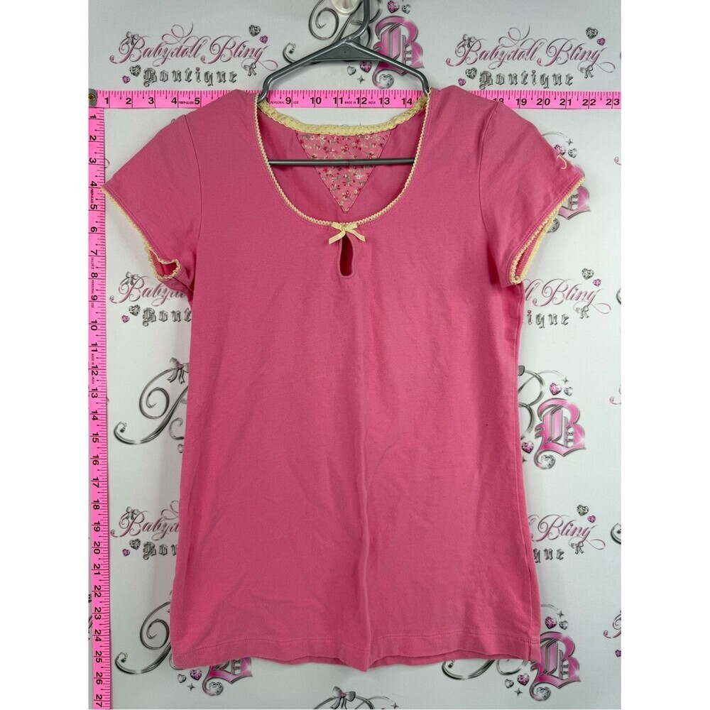 Jr T-shirt yellow lace bow y2k  Pink Short-Sleeve Knit Top with Lace Trim